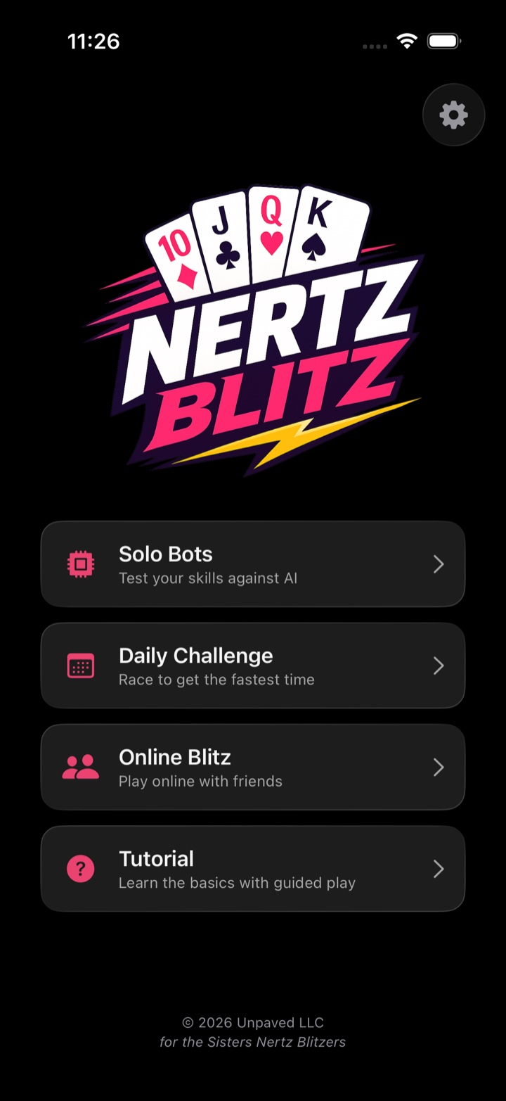 Nertz Blitz main menu: Solo Bots, Daily Challenge, Online Blitz, Tutorial