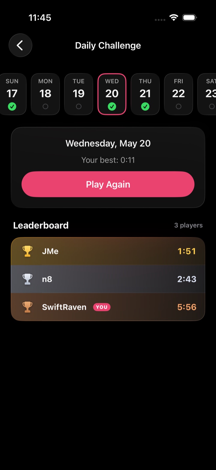Nertz Blitz Daily Challenge leaderboard with a week of results